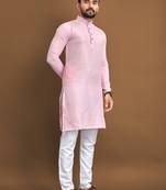 pink embroidered jacquard kurta set for men