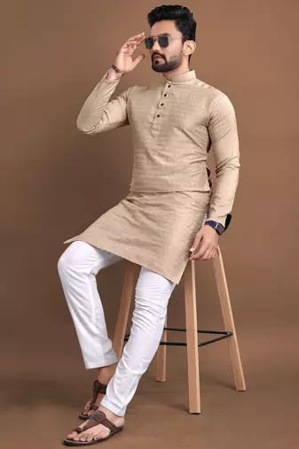 Beige embroidered jacquard kurta set for men