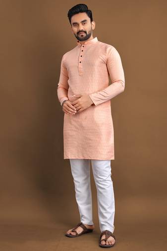 Orange embroidered jacquard kurta set for men