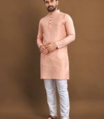 Orange embroidered jacquard kurta set for men