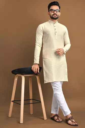 Light yellow embroidered jacquard kurta set for men