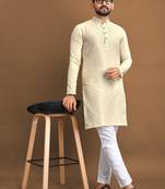 Light yellow embroidered jacquard kurta set for men