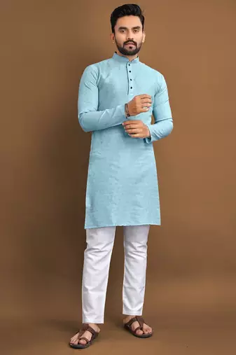 Sky blue embroidered jacquard kurta set for men