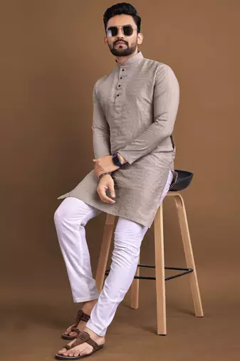 Gray embroidered jacquard kurta set for men