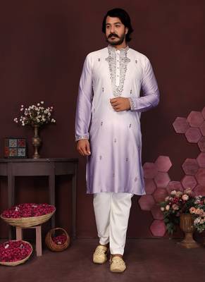 lavender embroidered silk kurta set for men 1