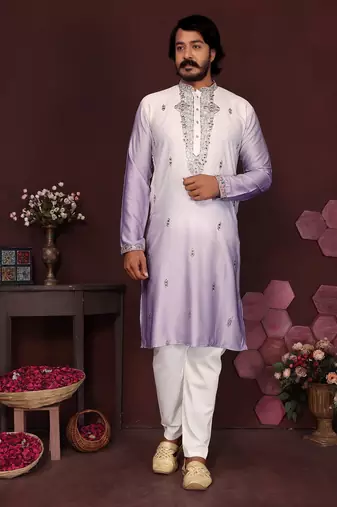 lavender embroidered silk kurta set for men