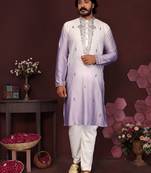 lavender embroidered silk kurta set for men