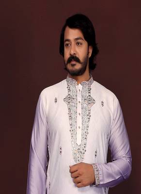 lavender embroidered silk kurta set for men 2