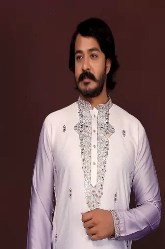 lavender embroidered silk kurta set for men