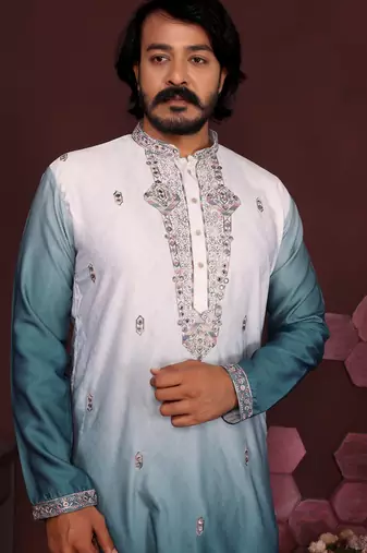 Teal green embroidered silk kurta set for men