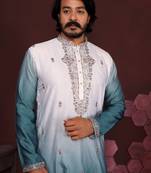 Teal green embroidered silk kurta set for men