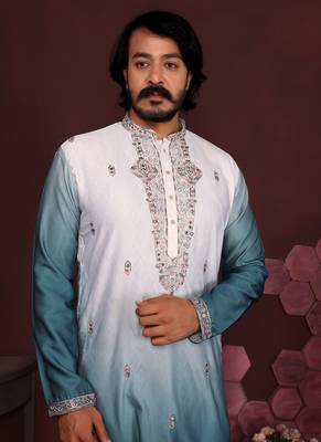 Teal green embroidered silk kurta set for men 2