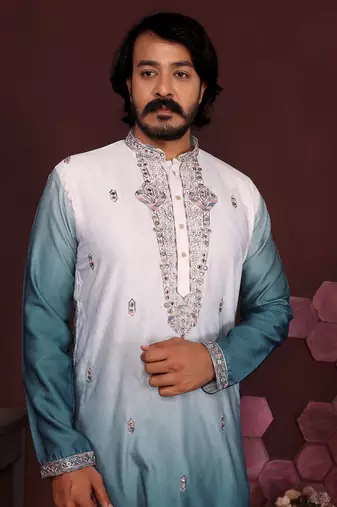 Teal green embroidered silk kurta set for men