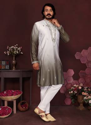 Mehndi embroidered silk kurta set for men 1