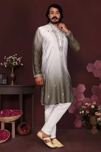 Mehndi embroidered silk kurta set for men