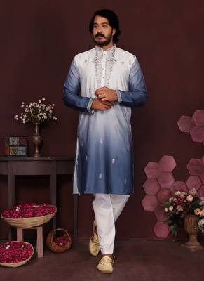 blue embroidered silk kurta set for men 1