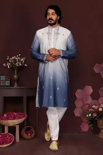 blue embroidered silk kurta set for men