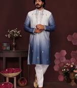 blue embroidered silk kurta set for men