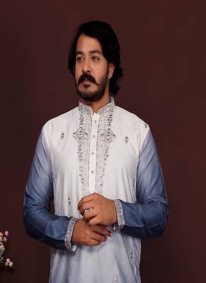 blue embroidered silk kurta set for men 2