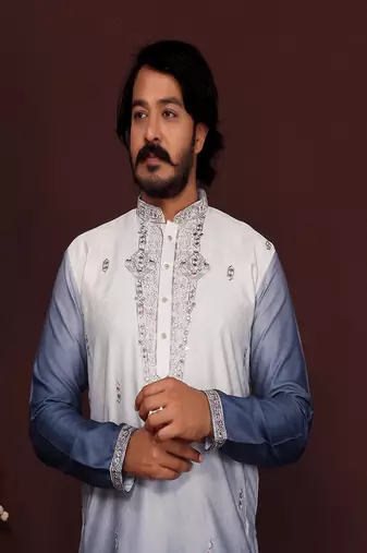 blue embroidered silk kurta set for men