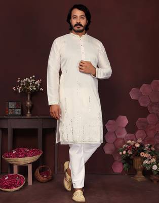 White embroidered silk kurta set for men 1
