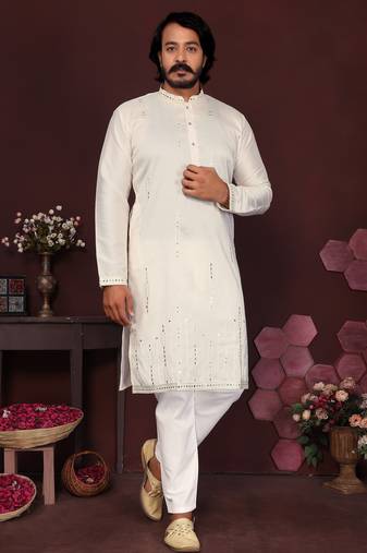 White embroidered silk kurta set for men
