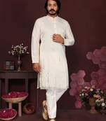 White embroidered silk kurta set for men