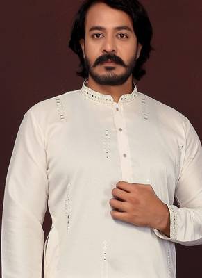 White embroidered silk kurta set for men 2