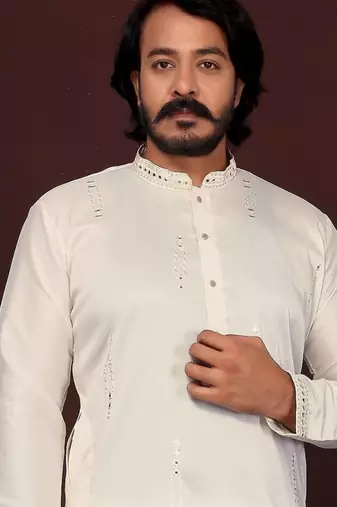 White embroidered silk kurta set for men