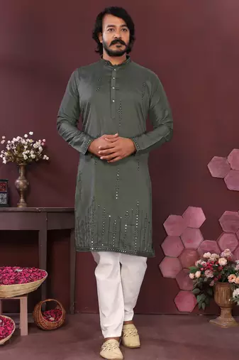 Green embroidered silk kurta set for men