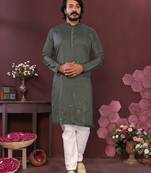 Green embroidered silk kurta set for men