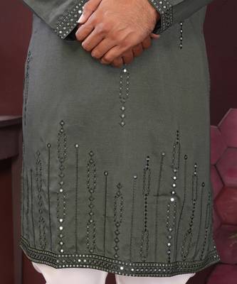 Green embroidered silk kurta set for men 2