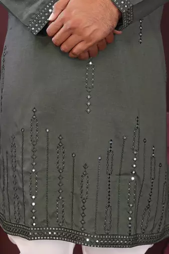 Green embroidered silk kurta set for men