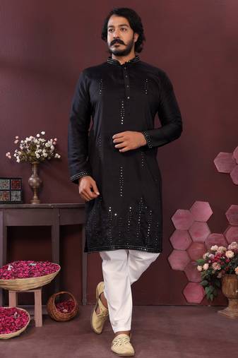 Black embroidered silk kurta set for men