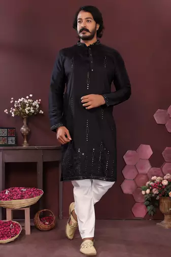 Black embroidered silk kurta set for men