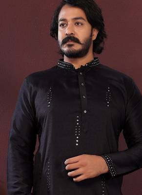 Black embroidered silk kurta set for men 2