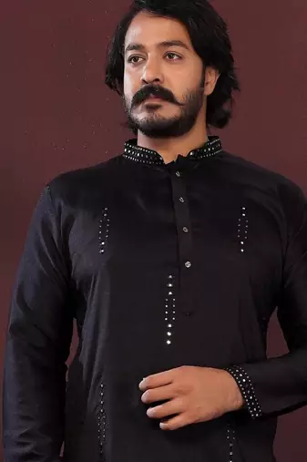 Black embroidered silk kurta set for men
