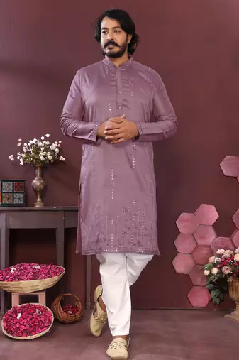 Purple embroidered silk kurta set for men