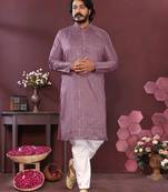 Purple embroidered silk kurta set for men