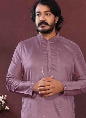 Purple embroidered silk kurta set for men 2