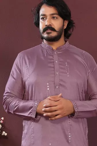 Purple embroidered silk kurta set for men