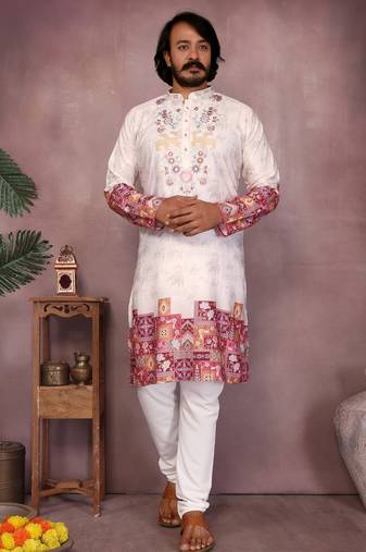 White cotton mens kurta with embroidery print indian