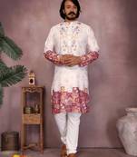 White cotton mens kurta with embroidery print indian