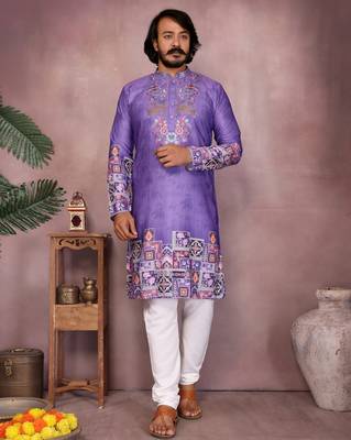Purple cotton mens kurta with embroidery print indian 1