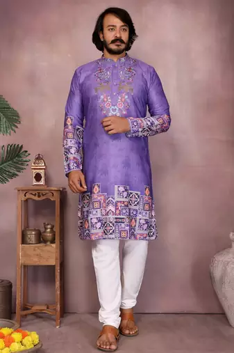 Purple cotton mens kurta with embroidery print indian