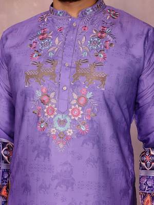 Purple cotton mens kurta with embroidery print indian 2