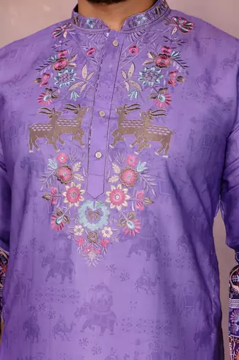 Purple cotton mens kurta with embroidery print indian