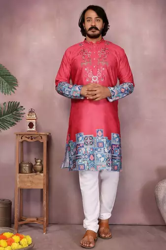 Red cotton mens kurta with embroidery print indian