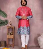 Red cotton mens kurta with embroidery print indian