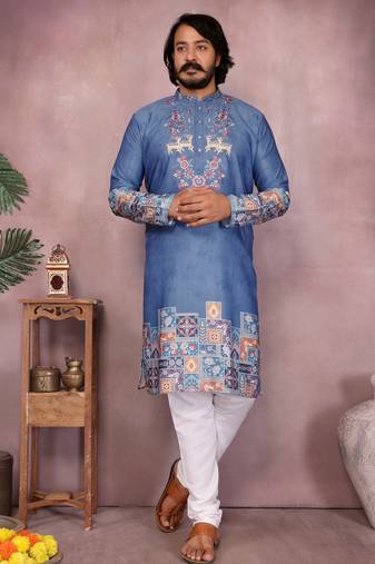 Blue cotton mens kurta with embroidery print indian